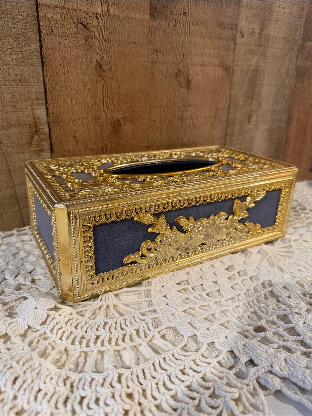 Vtg Hollywood Regency Style Gold Tone Filligree Flocked Blue Tissue Box Cover